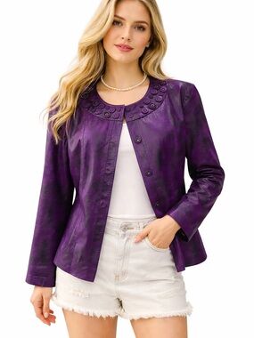 Chico’s Purple Faux Leather Jacket Embellished Collar Size 3 Size XLarge